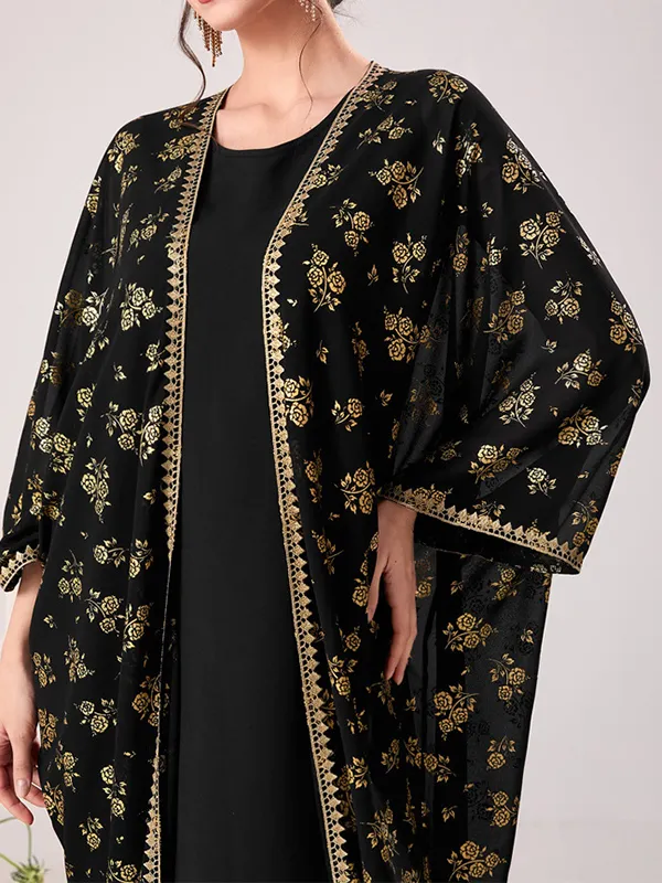 Muslim High Waisted Round-Neck Inner Dress + Flower Print Gauze Batwing Sleeves Outerwear Two Pieces Set