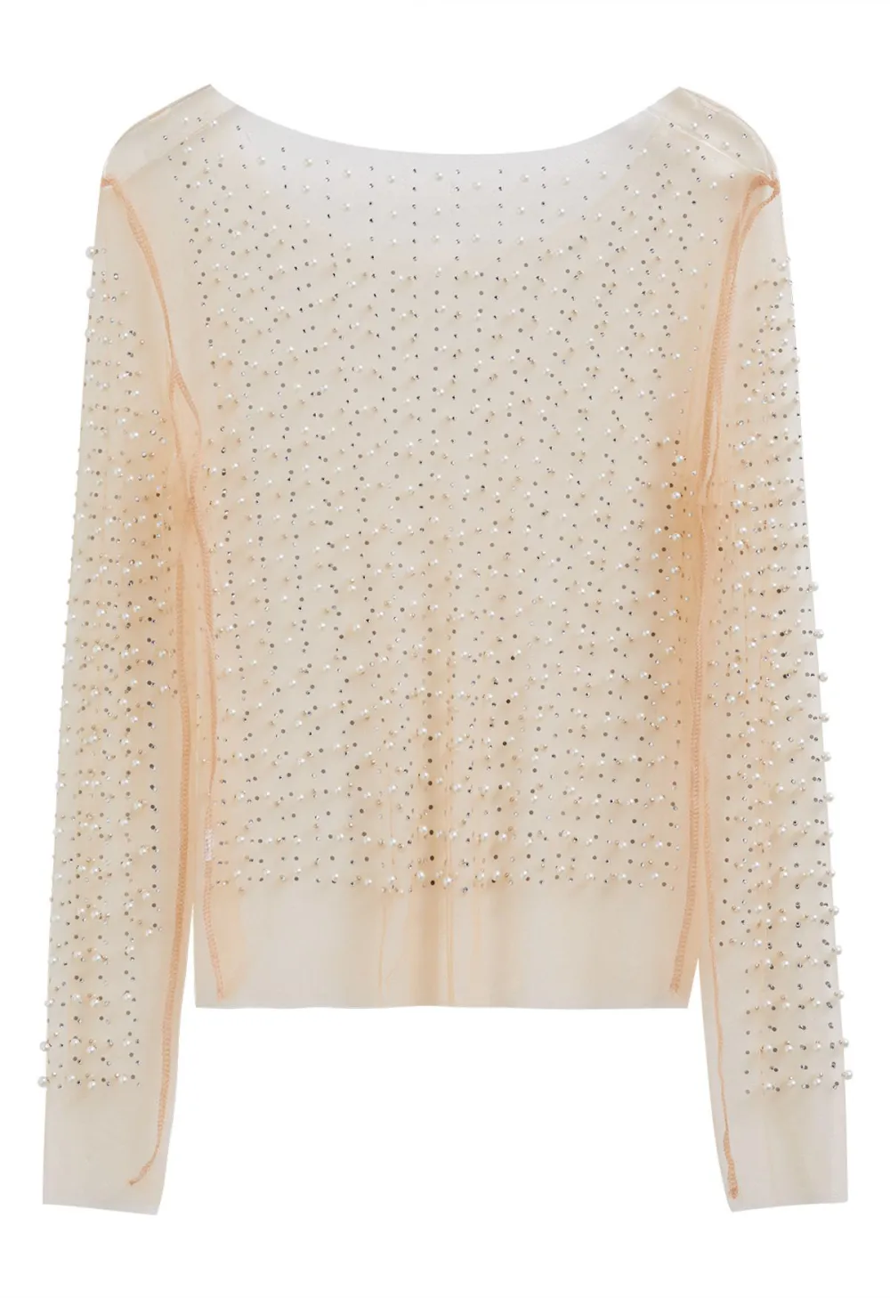 FULL PEARL EMBELLISHED SHEER MESH TOP IN TAN