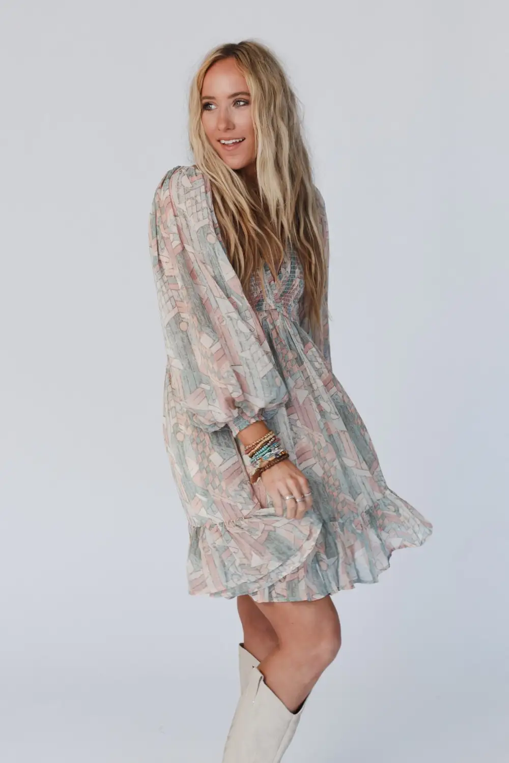 Colors Of The Wind Balloon Sleeve Mini Dress - Multi