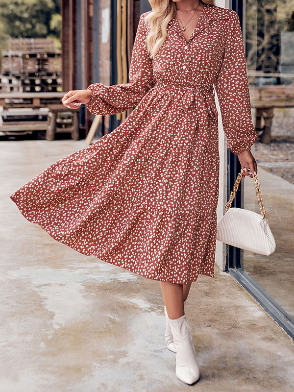 A-Line Long Sleeves Buttoned Flower Print Pleated Split-Joint Tied Waist Lapel Midi Dresses