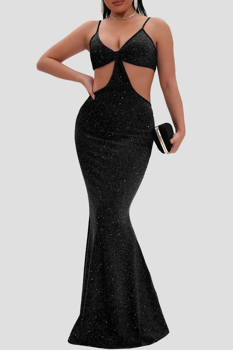 Black Fashion Sexy Solid Hollowed Out Backless Spaghetti Strap Evening Dress Dresses