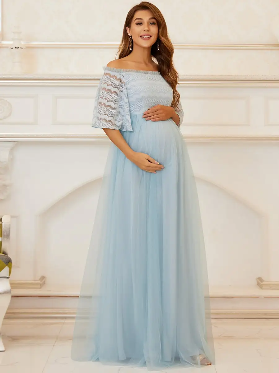 Off Shoulder Wholesale Maternity Bridesmaid Dresses With Lace Sleeves