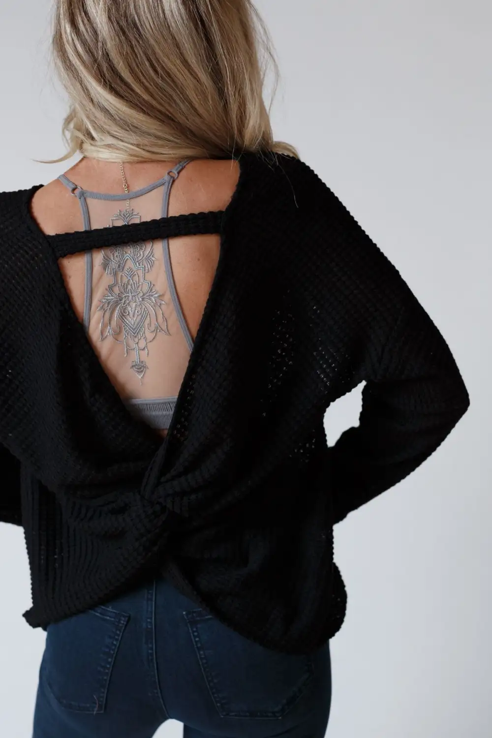 Flattering Open Back Thermal Knit Top - Black