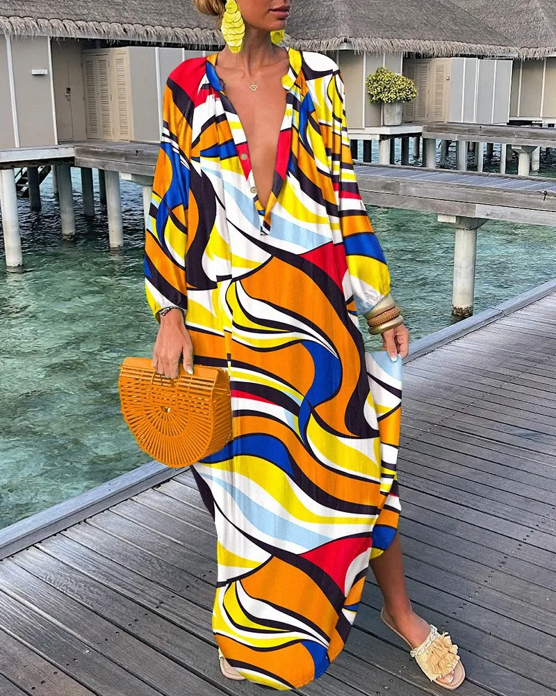 Women Printed V-Neck Long Sleeve Long Dress