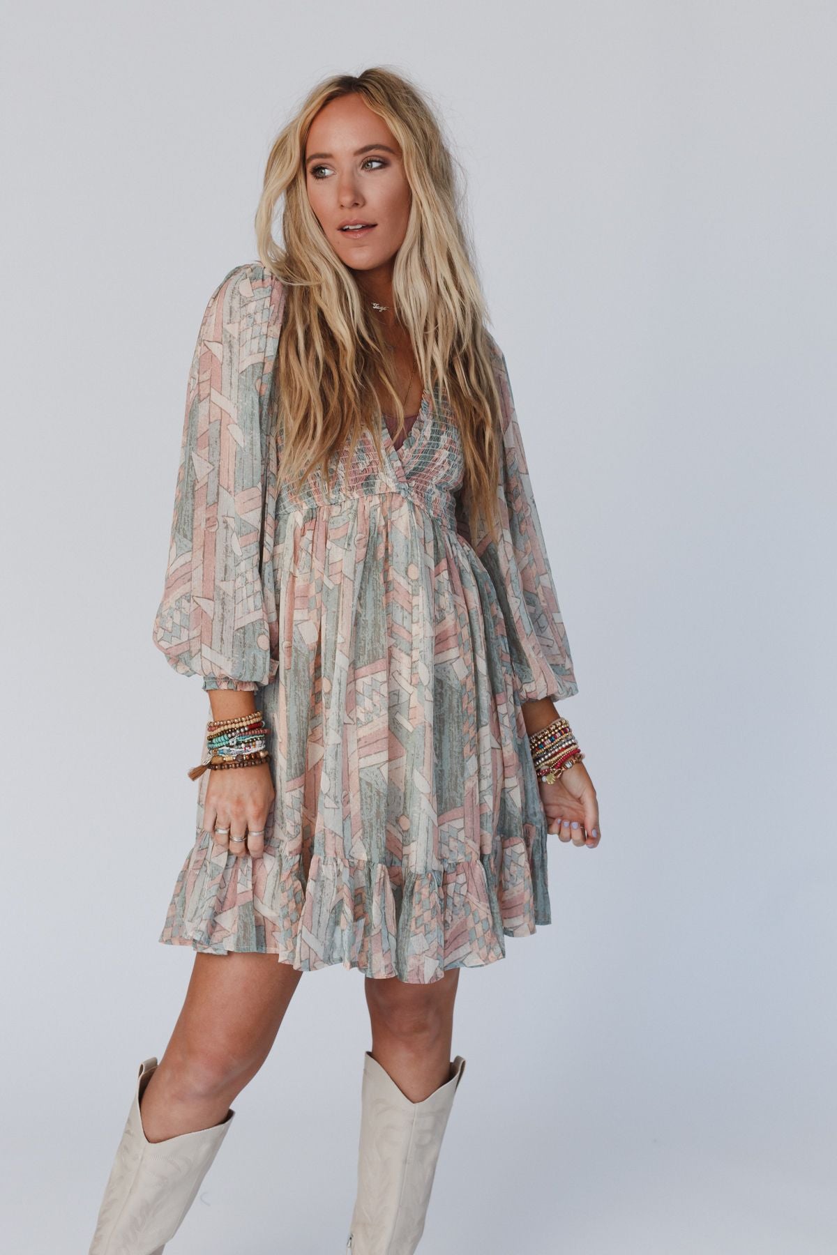 Colors Of The Wind Balloon Sleeve Mini Dress - Multi