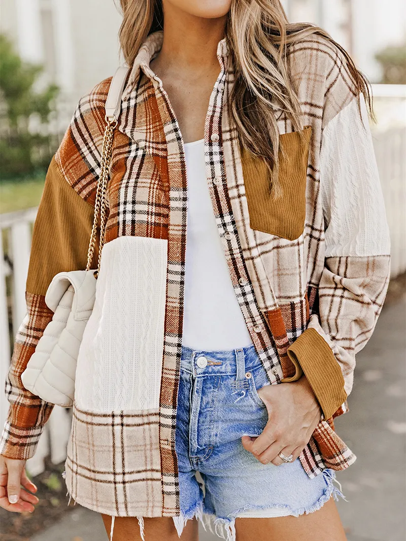 Orange Plaid Color Block Patchwork Shirt Jacket with Pocket