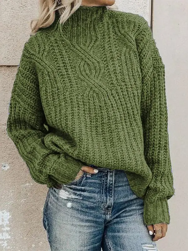 Women's Sweaters High Collar Long Sleeve Twist Knit Sweater