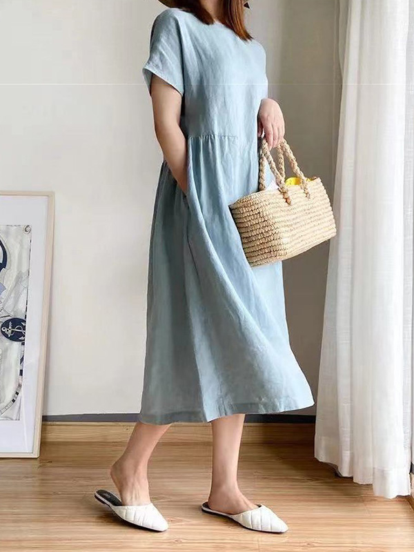 Casual Loose Solid Color Round-Neck Midi Dresses