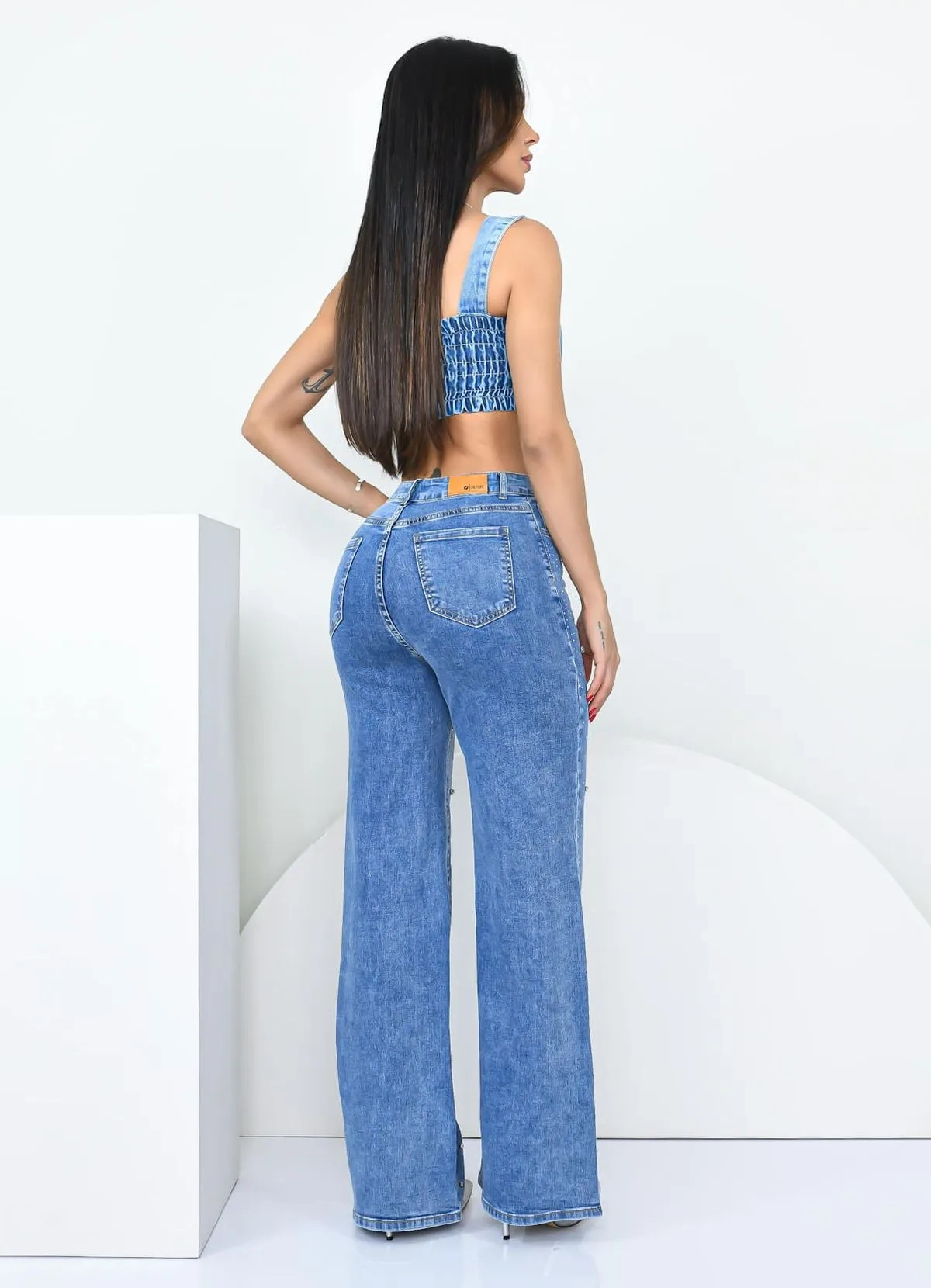 Wide Leg Jeans with Rhinestone Applique - P;Medium Jeans