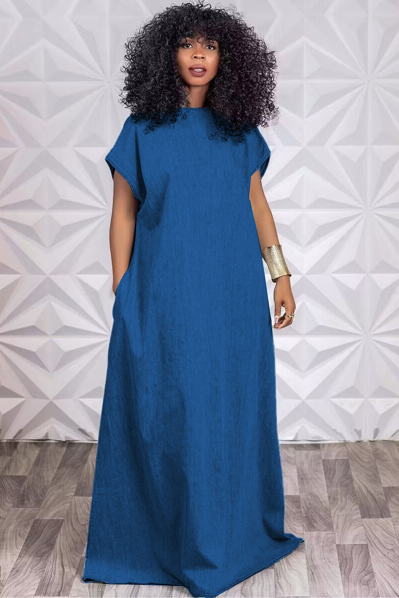 Denim Short Sleeve V-Shaped Backless Loose Fit Maxi Dress