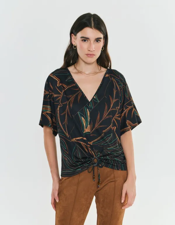 Printed Blouse Foliage Topstitching - Black