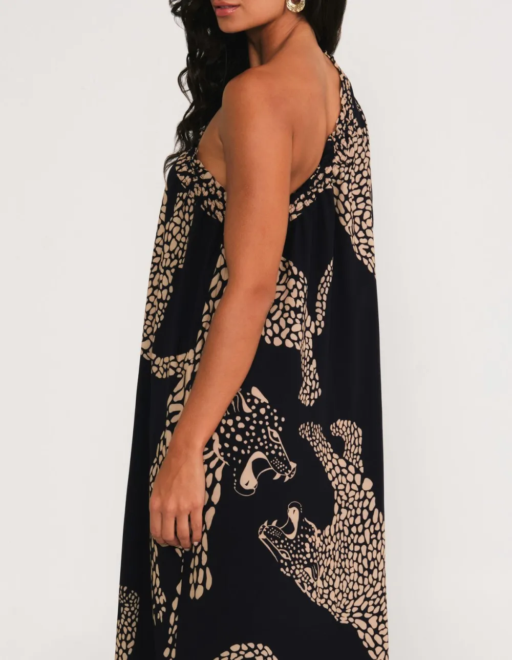 One Shoulder Printed Maxi Leopard Dress - Black