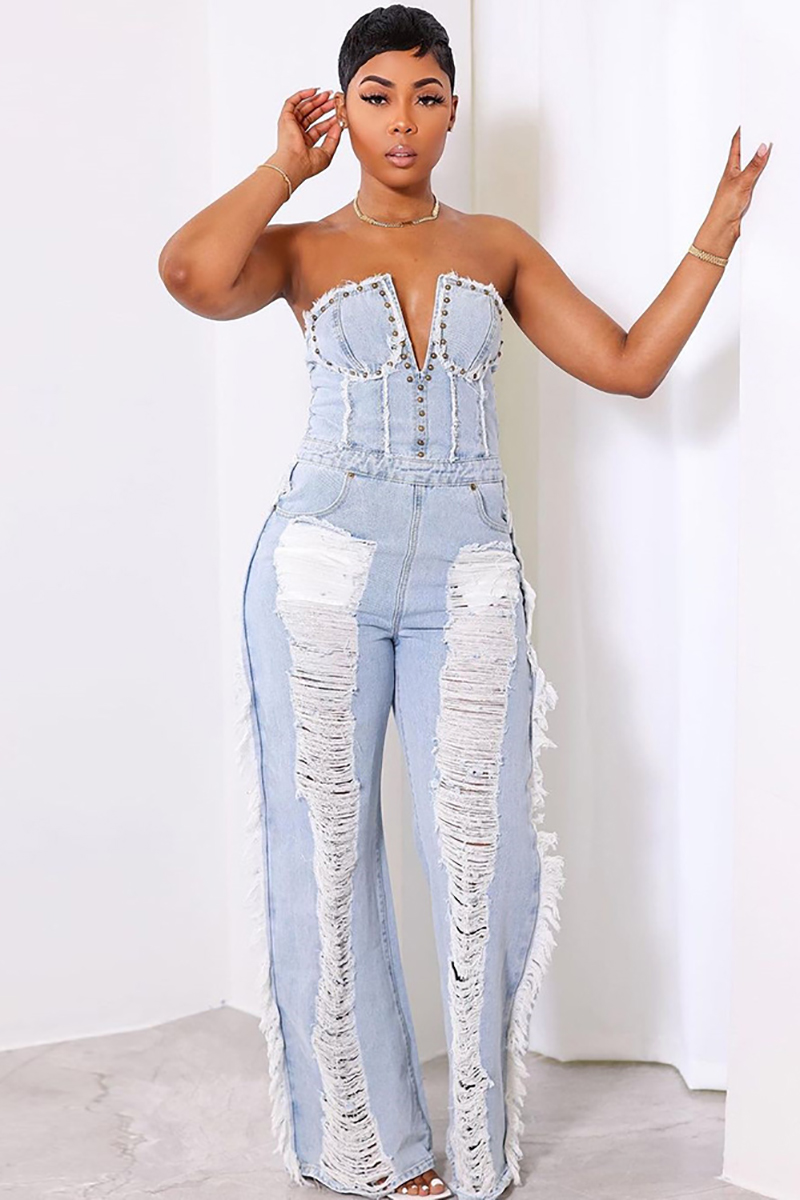 V Neck Raw Edge Scratch Hollow Out Strapless Denim Jumpsuit