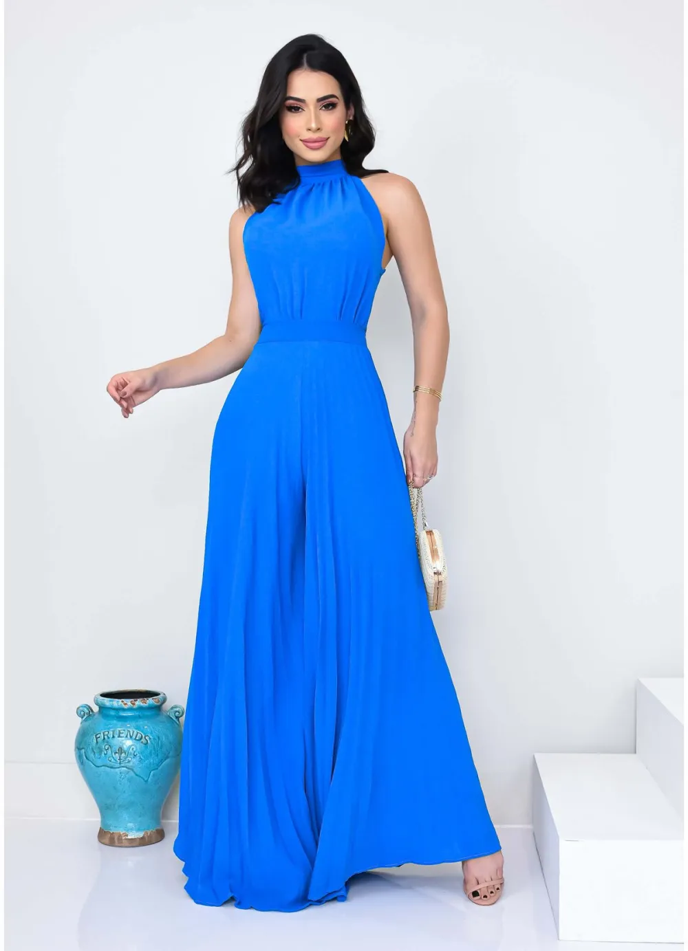 PLEATED WIDE LEG JUMPSUIT WITH TIE BACK