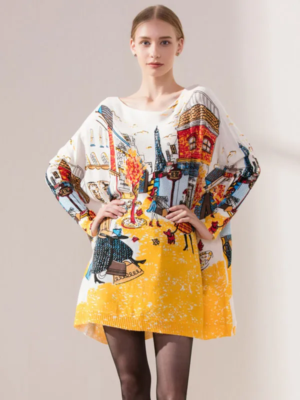 Original Loose Cartoon Printed Round-Neck Long Sleeves Sweater Dress