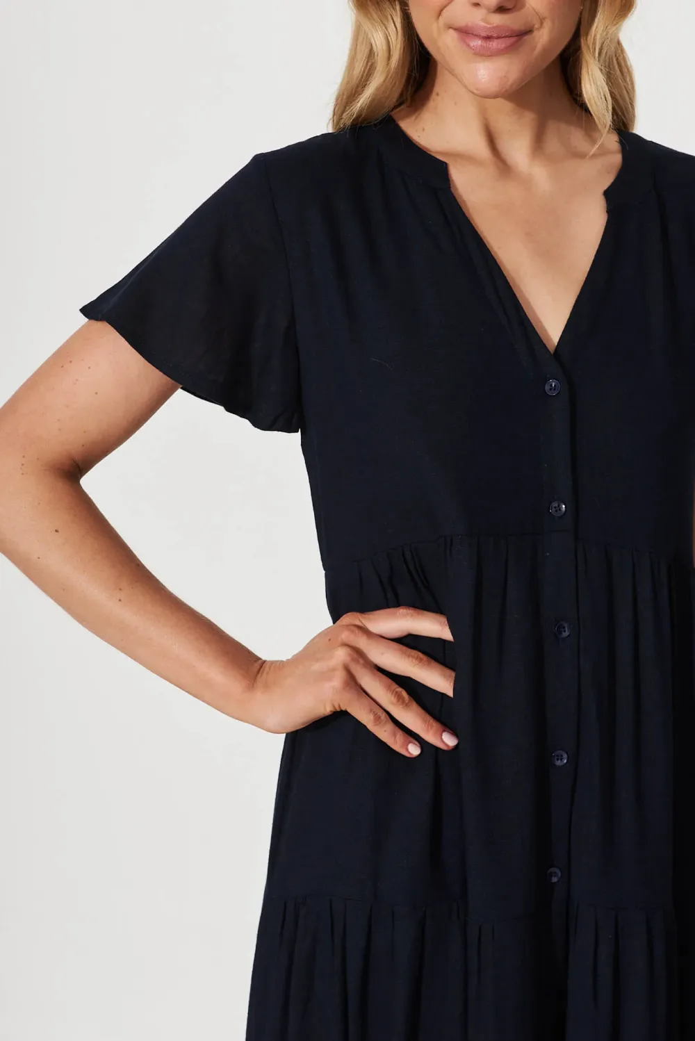 Marvela Midi Shirt Dress In Navy Linen Blend