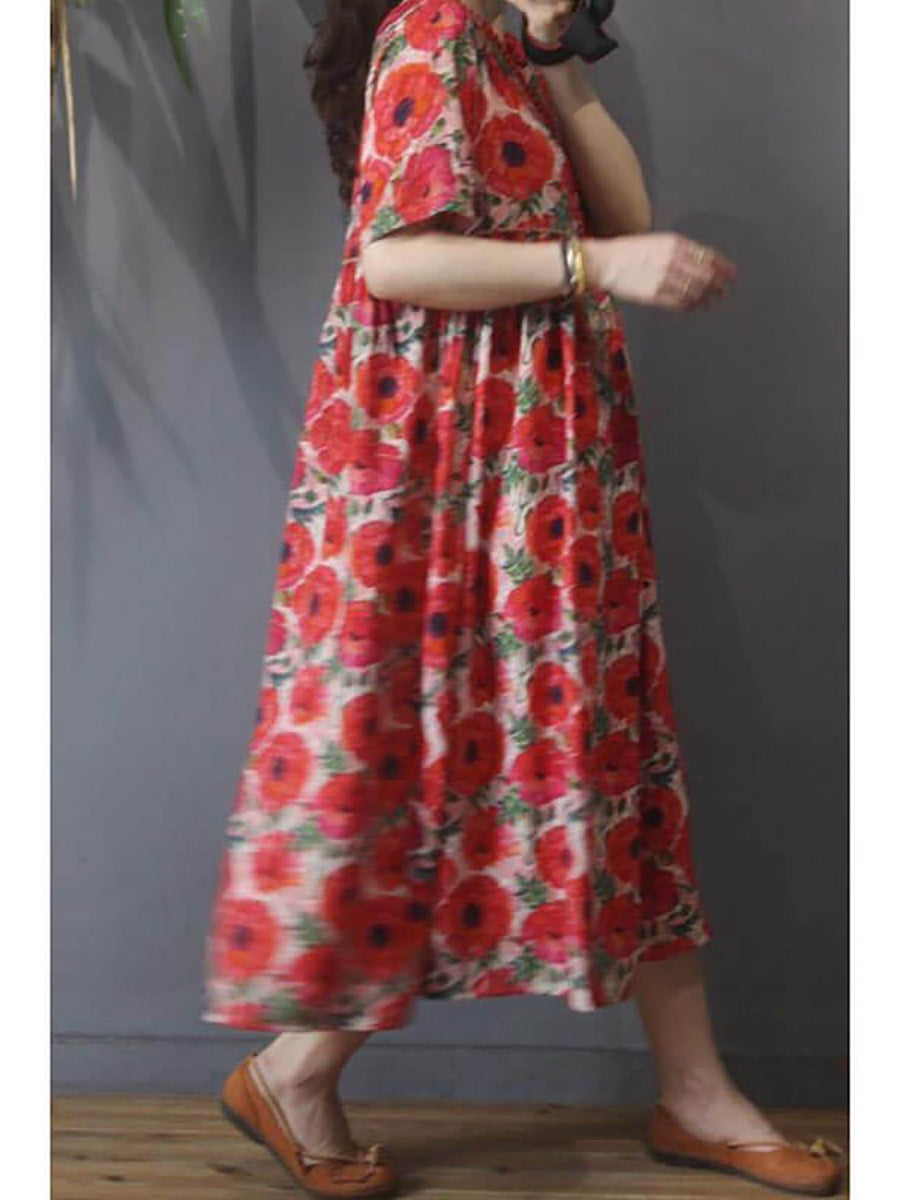 Plus Size - Women Floral Vintage Casual Short Sleeve Dress