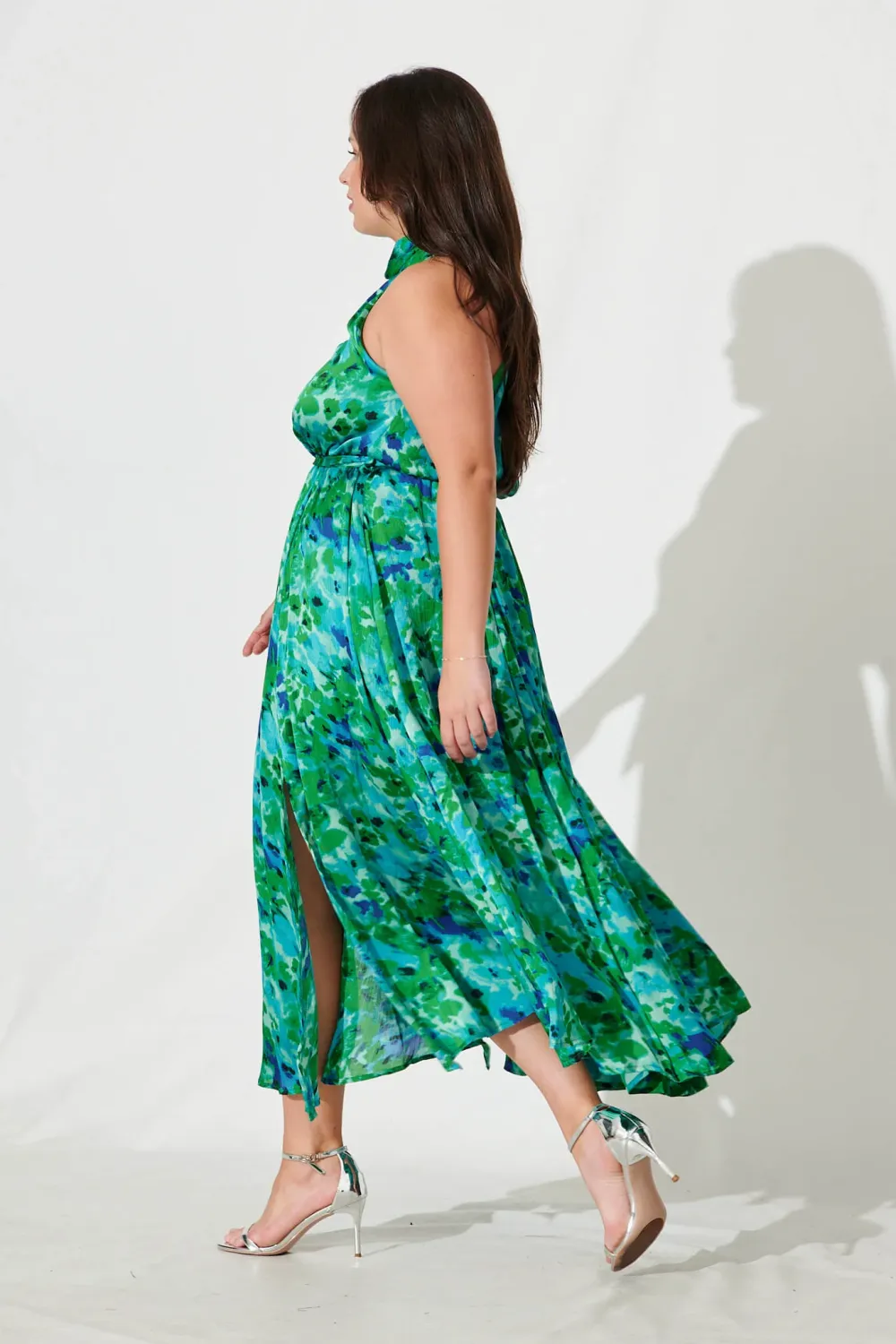 Kiss Me Halter Neck Maxi Dress In Green Watercolour Print