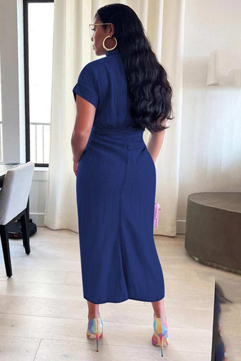 Short Sleeve Button Up Ruched Knotted Bodycon Denim Midi Dress