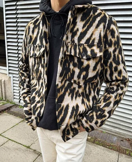 Leopard Pattern Turndown Collar Long Sleeve Pocket Design Jacket