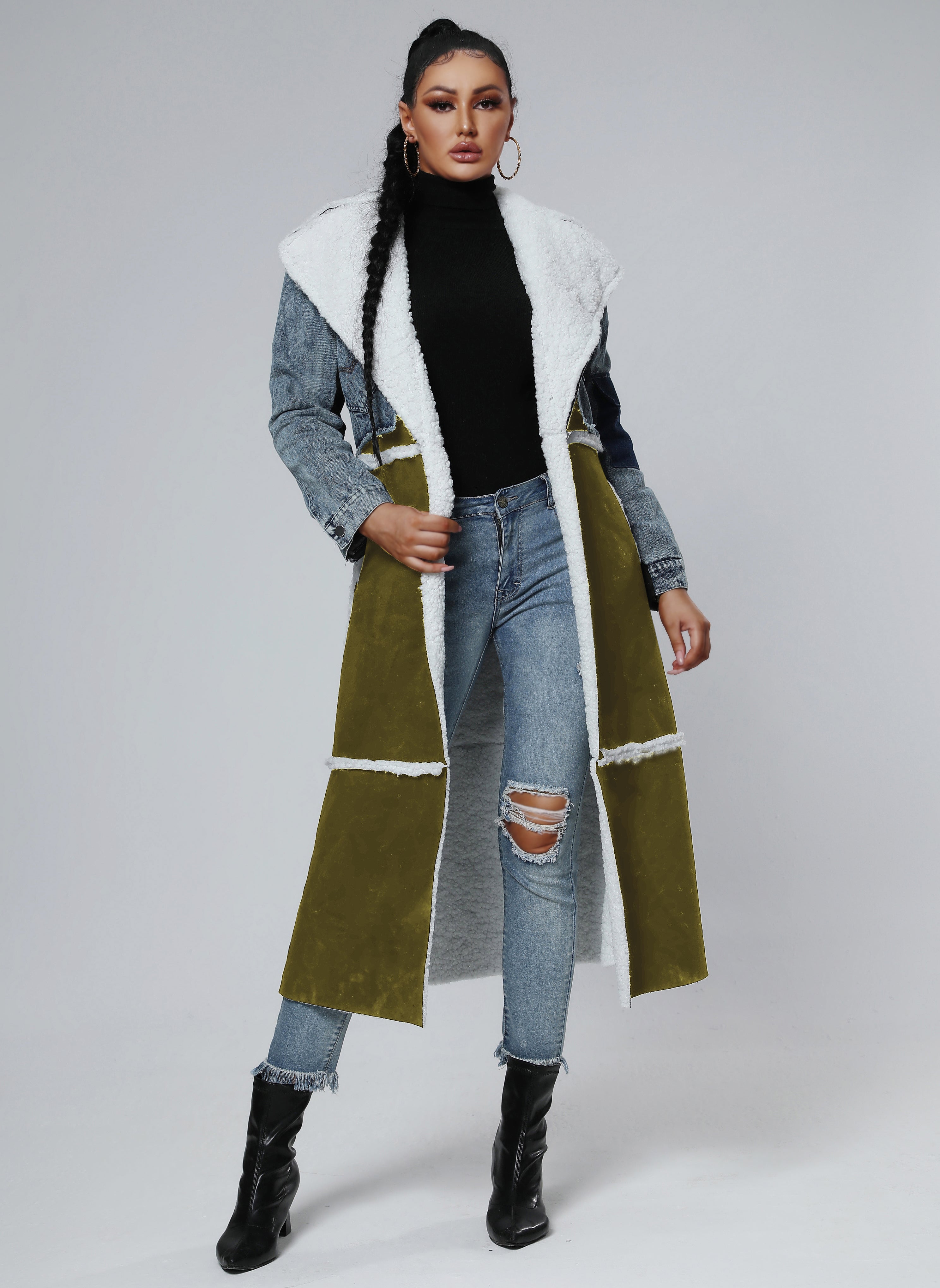 Winter Stitching Fur & Denim Coat Long Outerwear