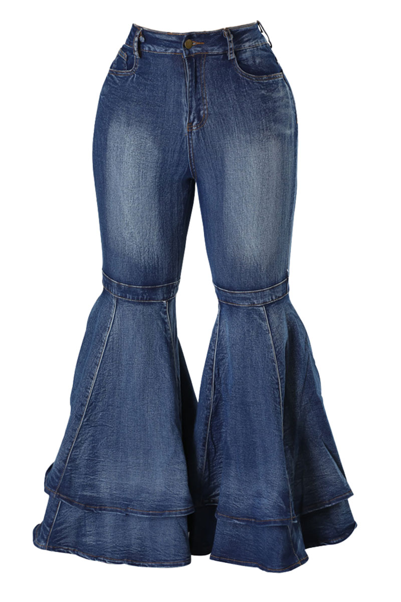 Ruffled Denim Stitching Flared Pants