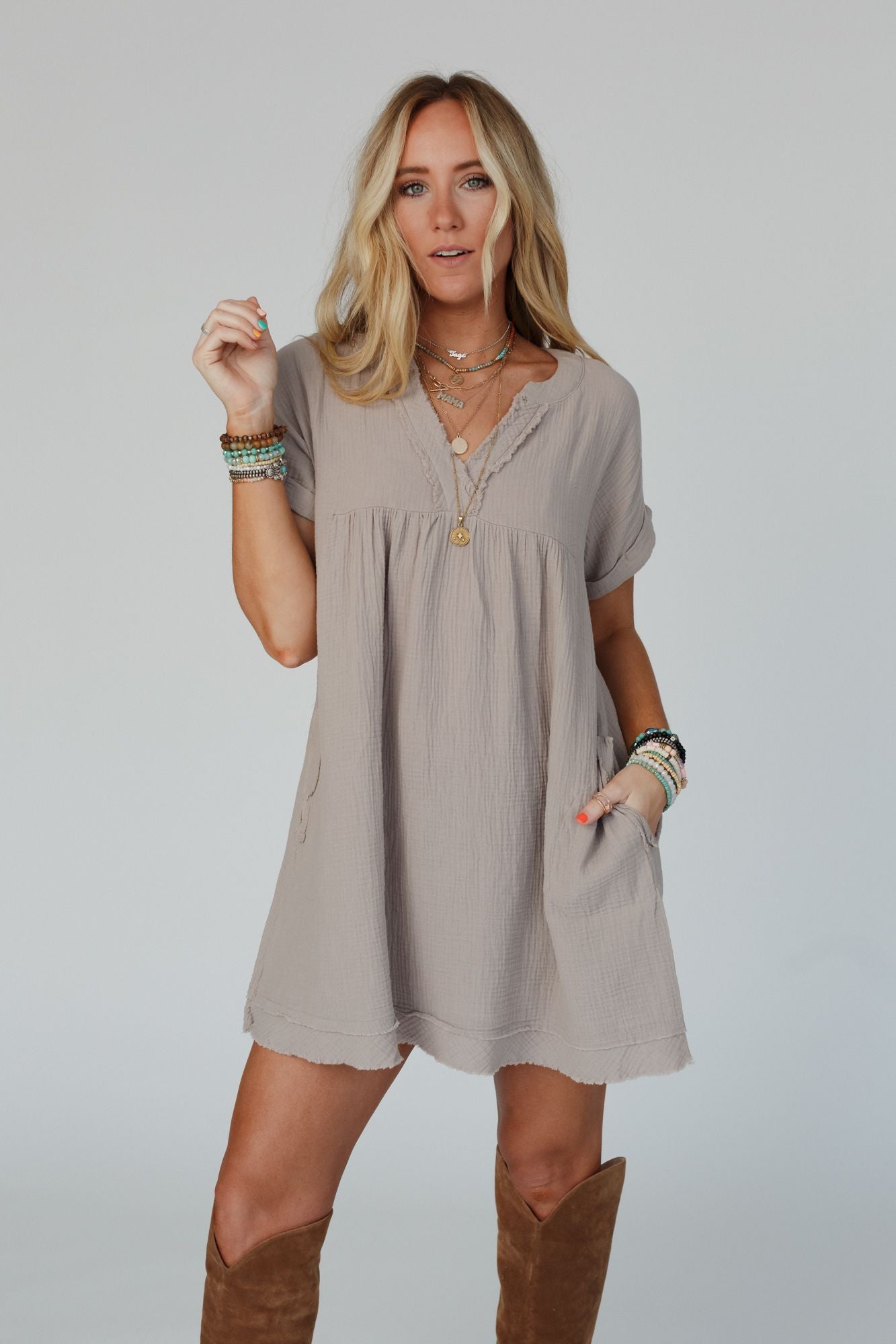 Romi Raw Edge V Neck Dress - Ash Mocha