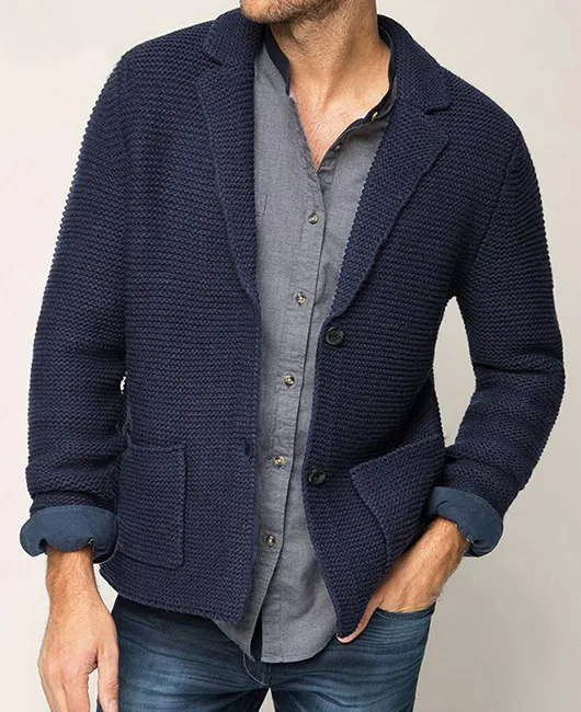 Knitted Notch Lapel Two Buttons Pockets Sweater