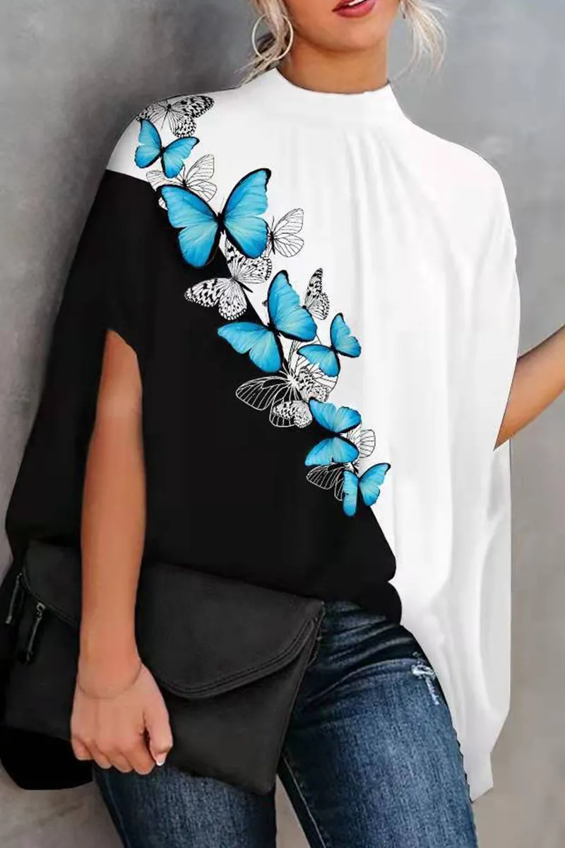 Blue Casual Print Patchwork O Neck Tops