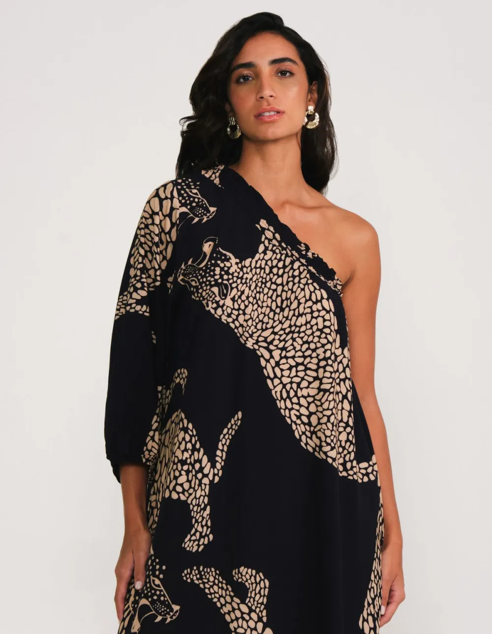 One Shoulder Printed Maxi Leopard Dress - Black