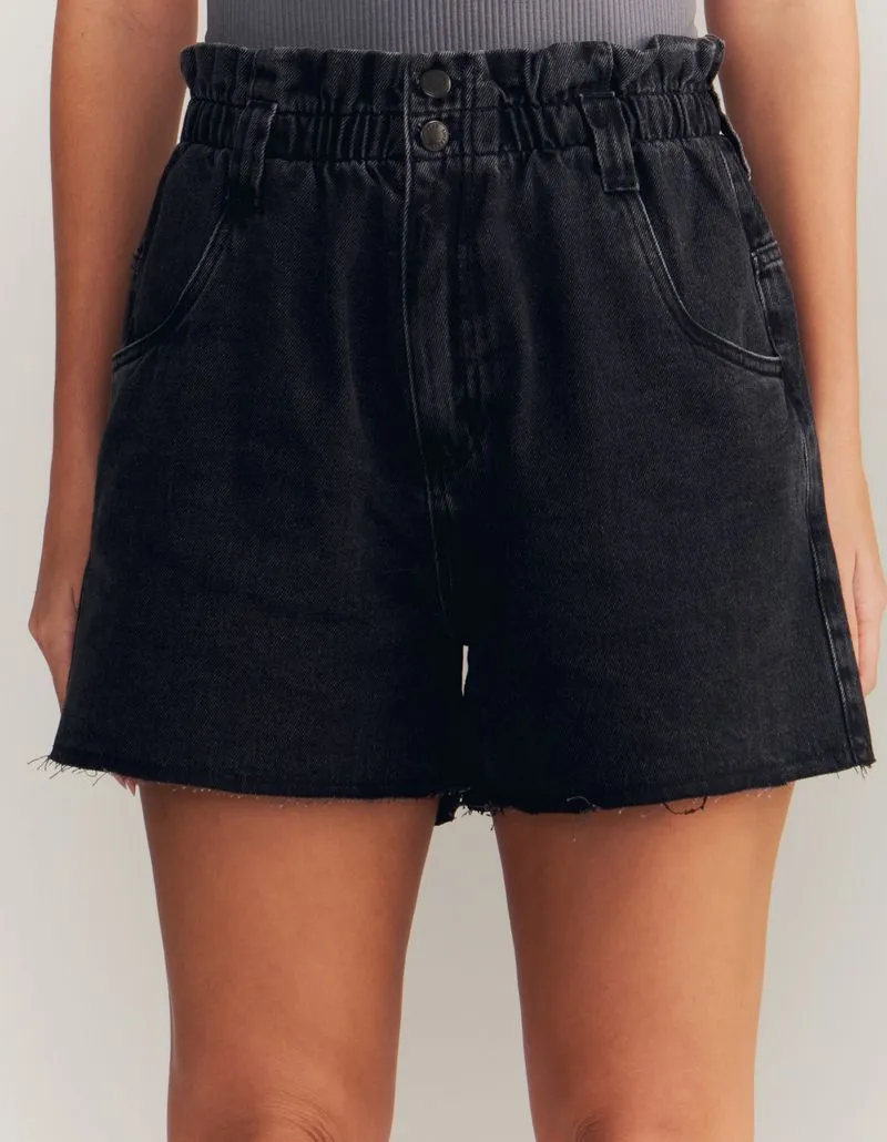 Elastic Waistband Jeans Shorts - Black Denim