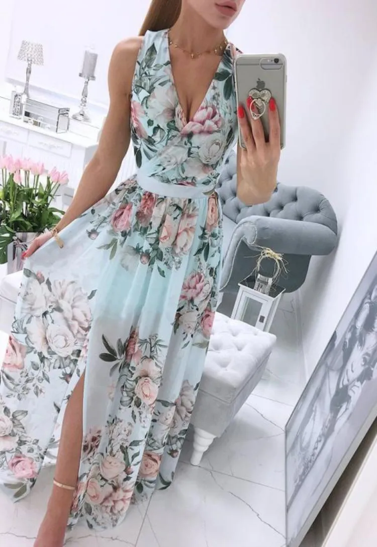 Summer Formal Floral Green Sleeveless Wrap Long Sundress