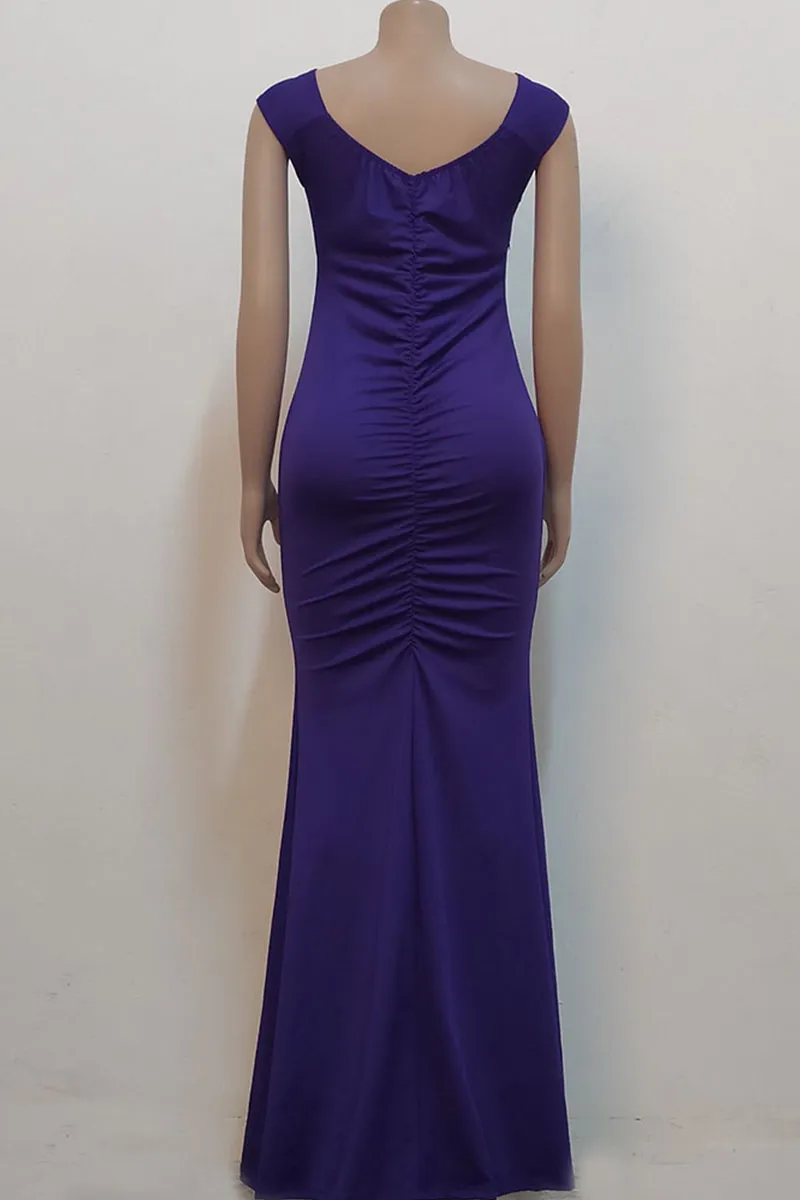 Purple Sexy Elegant Solid Split Joint Slit Fold V Neck Straight Dresses