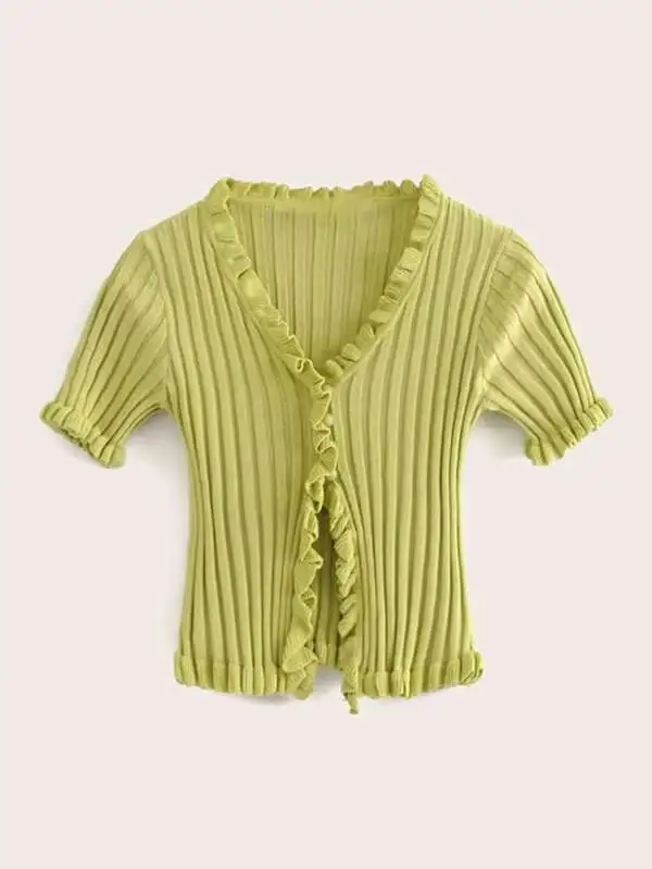 Ruffled Ribbed Cropped Cardigan