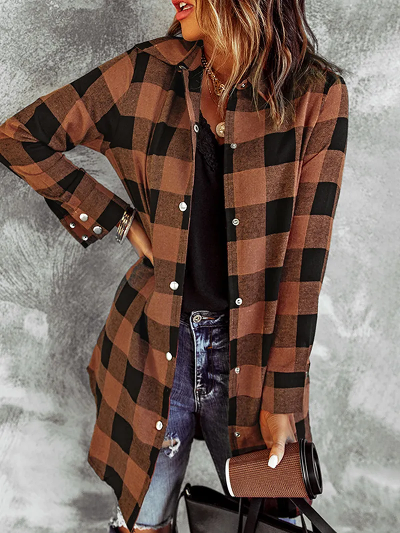 Brown Turn-down Collar Plaid Shirt Coat