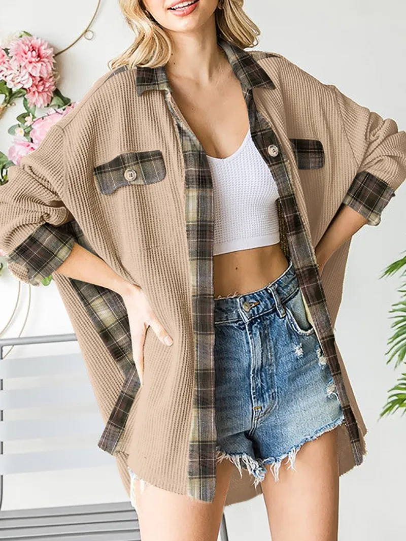 Plaid Patchwork Waffle Thermal Knit Shacket