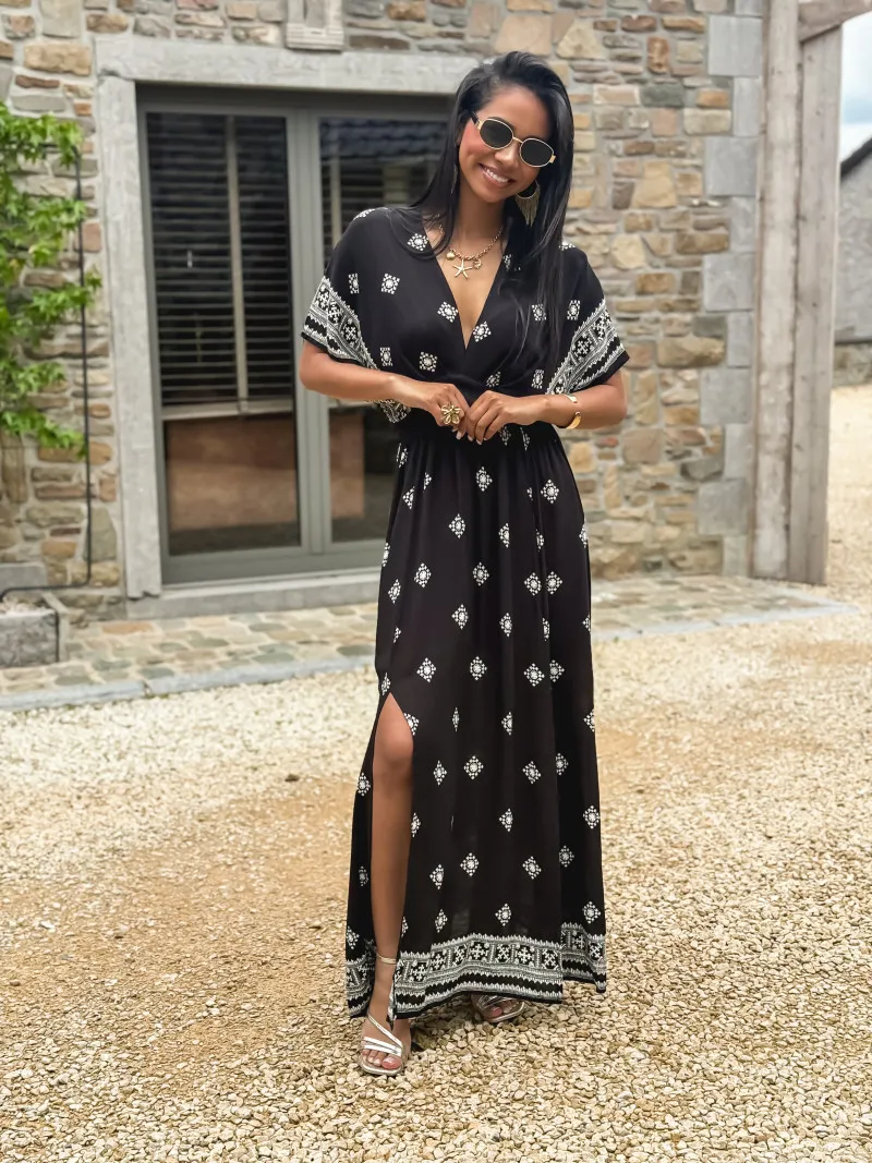 KATALYNA PATTERNED LONG DRESS - BLACK