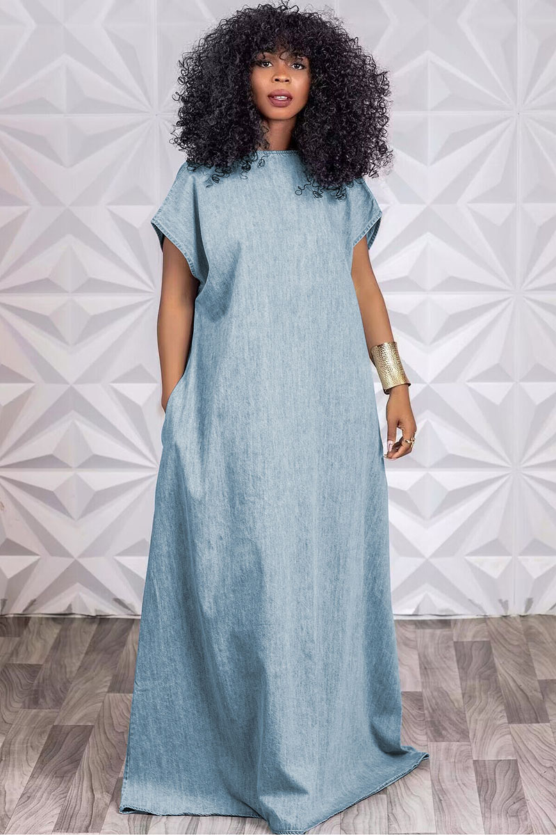 Denim Short Sleeve V-Shaped Backless Loose Fit Maxi Dress