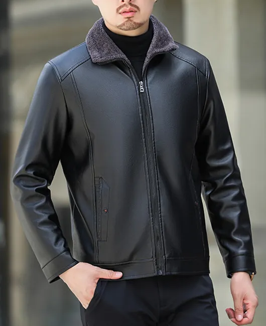 PU Leather Zipper Turndown Collar Solid Fleece-lined Jacket