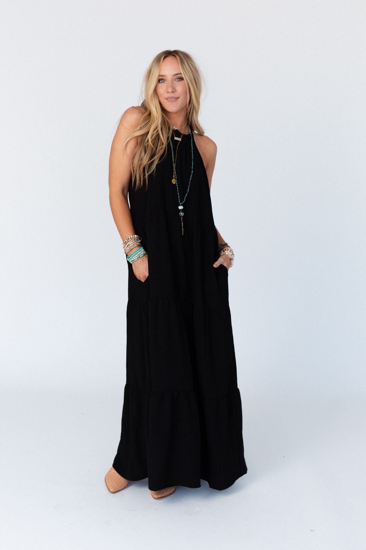 Scarlett Baby Waffle Tiered Maxi Dress - Black