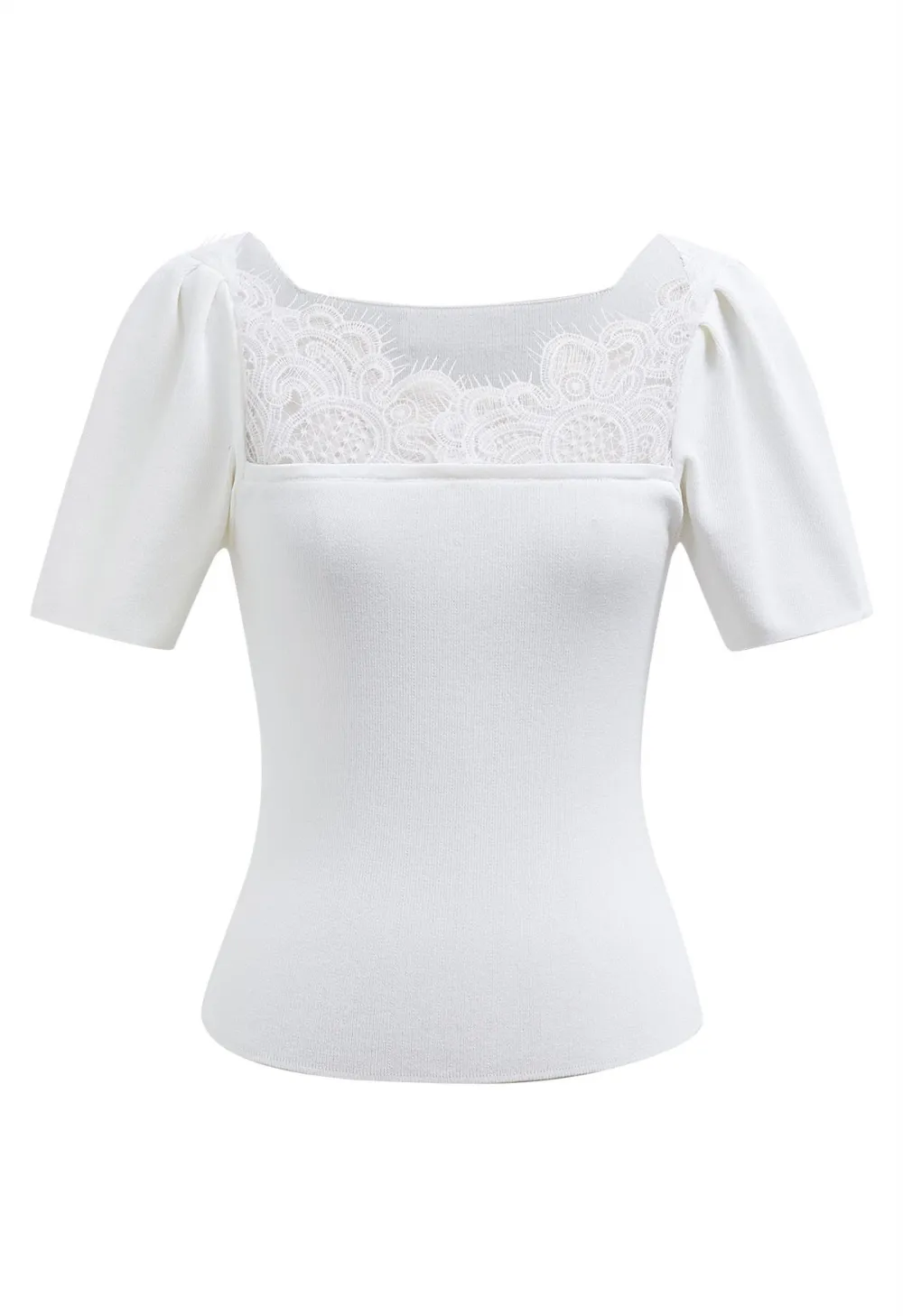 LACE SPLICED SQUARE NECKLINE KNIT TOP IN WHITE