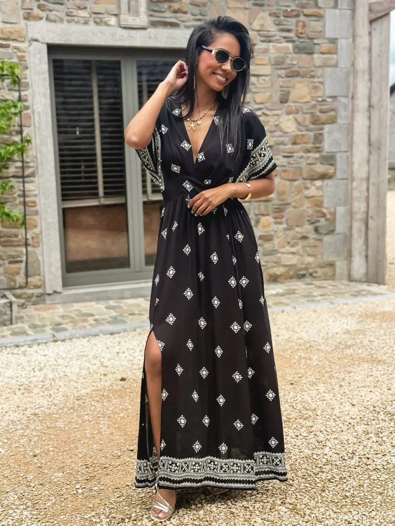 KATALYNA PATTERNED LONG DRESS - BLACK