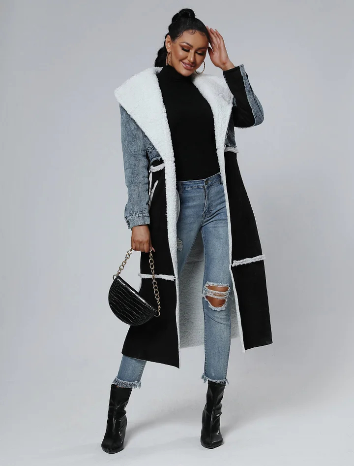 Stitching Fur & Denim Coat Long Outerwear