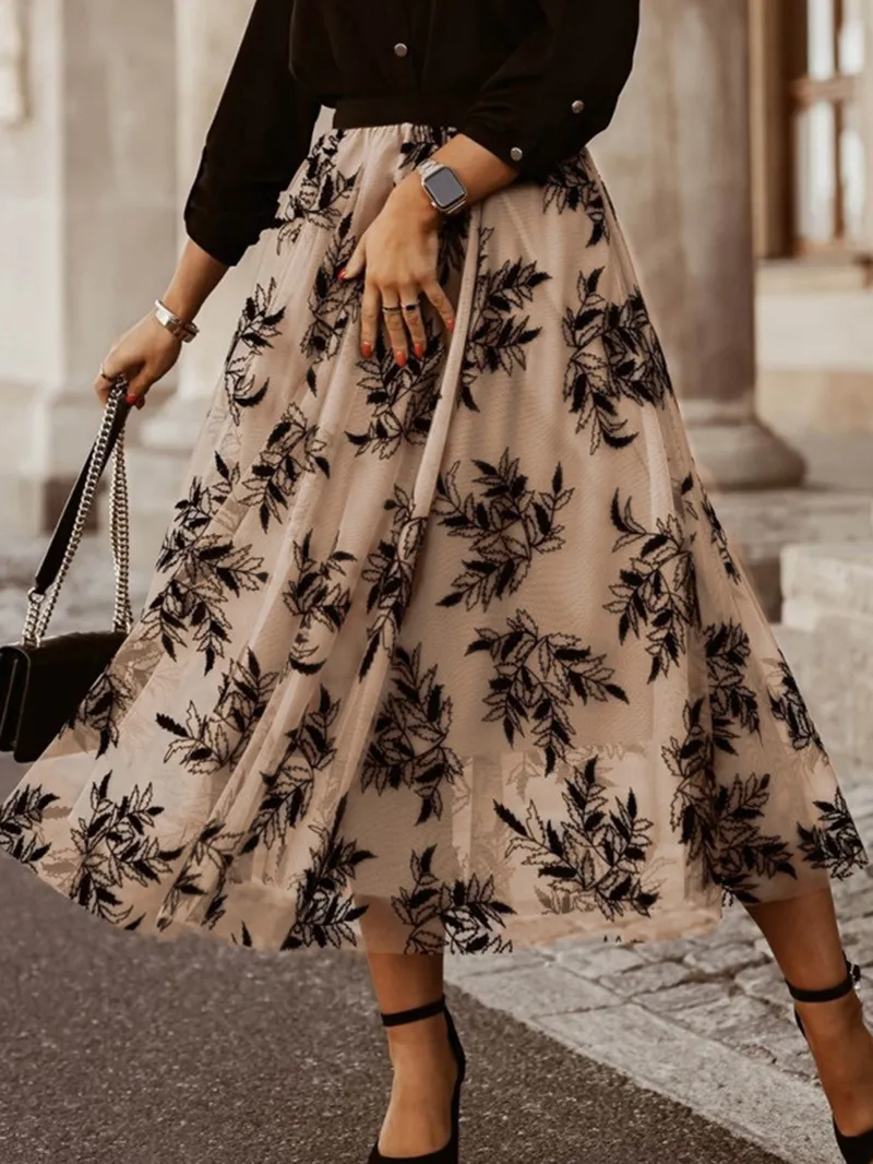 FLORAL EMBROIDERY FLARED ELEGANT SKIRTS