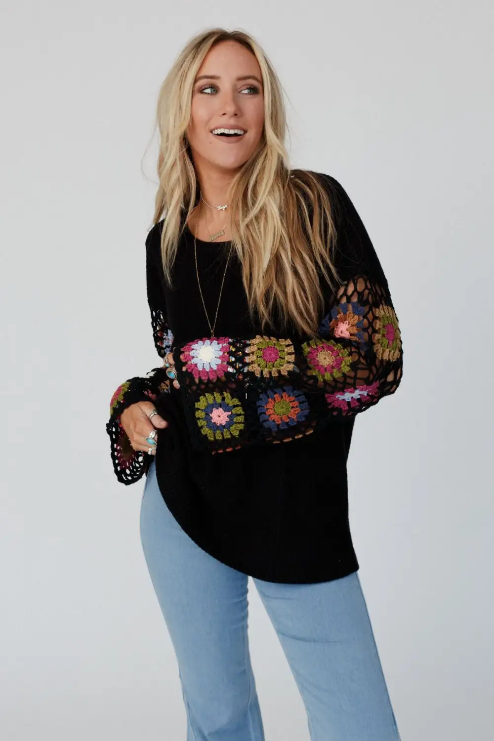 Soft Petals Crochet Sweater Top - Black