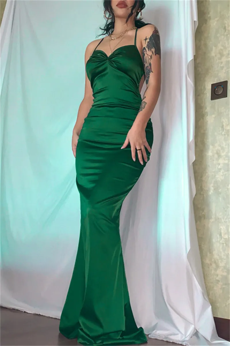 Green Fashion Sexy Solid Backless Cross Straps Spaghetti Strap Evening Dress