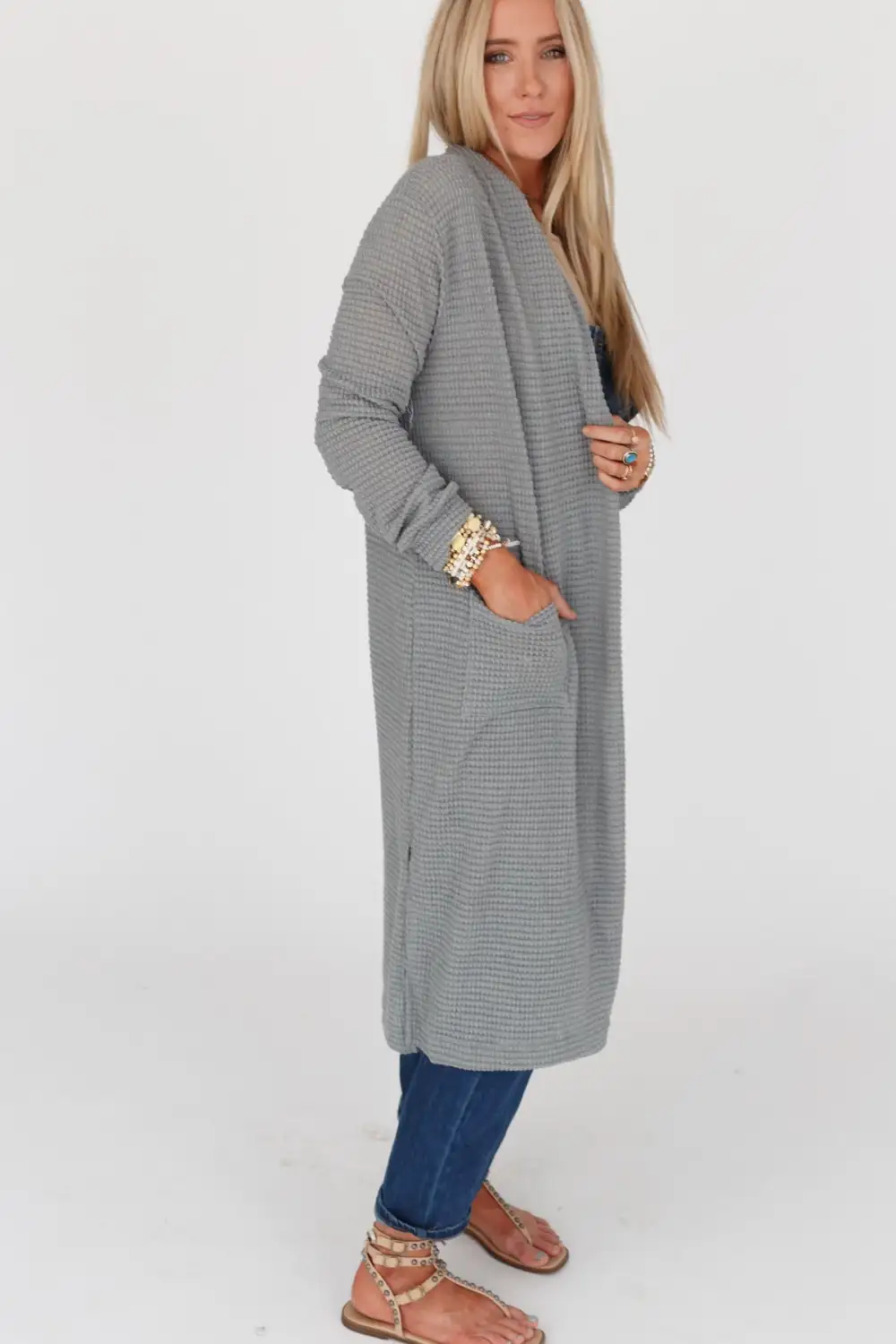 Jayde Waffle Knit Cardigan - Heather Gray