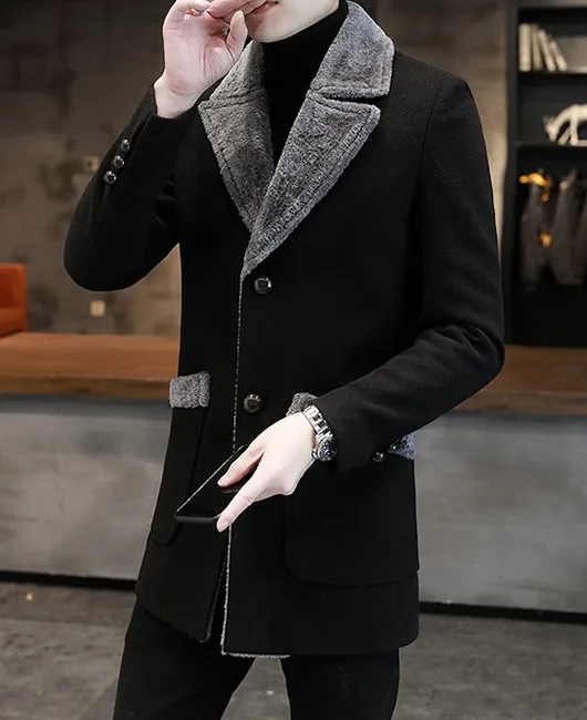 Notch Lapel Single Breasted Pockets Woolen Coat