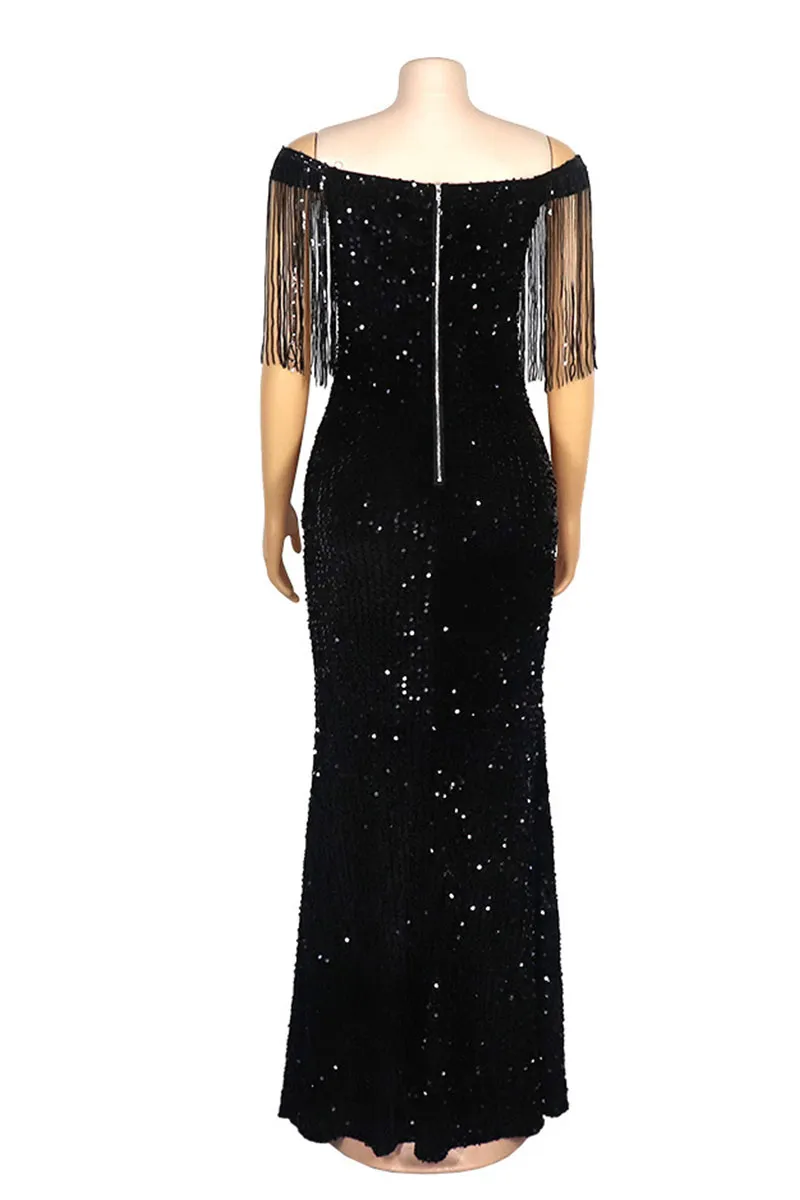 Black Elegant Solid Tassel Sequins Split Joint Appliques Off the Shoulder Straight Dresses