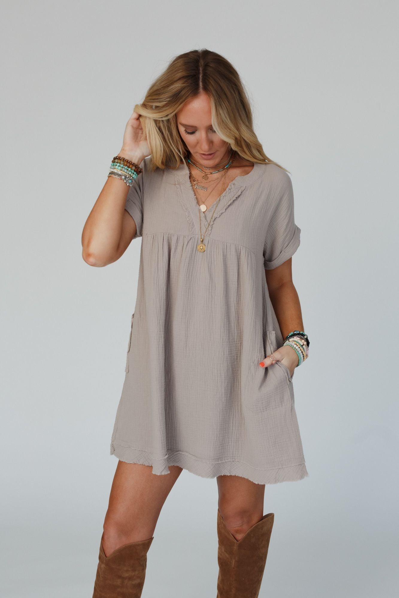 Romi Raw Edge V Neck Dress - Ash Mocha